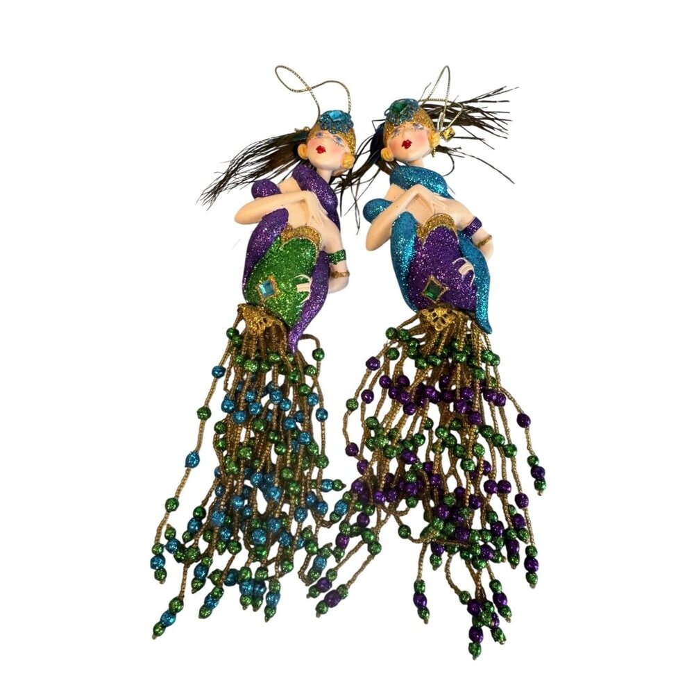 Mardi Gras Porcelain Mermaid Ornaments Set of 2 Beaded Fringe Purple Green Gold